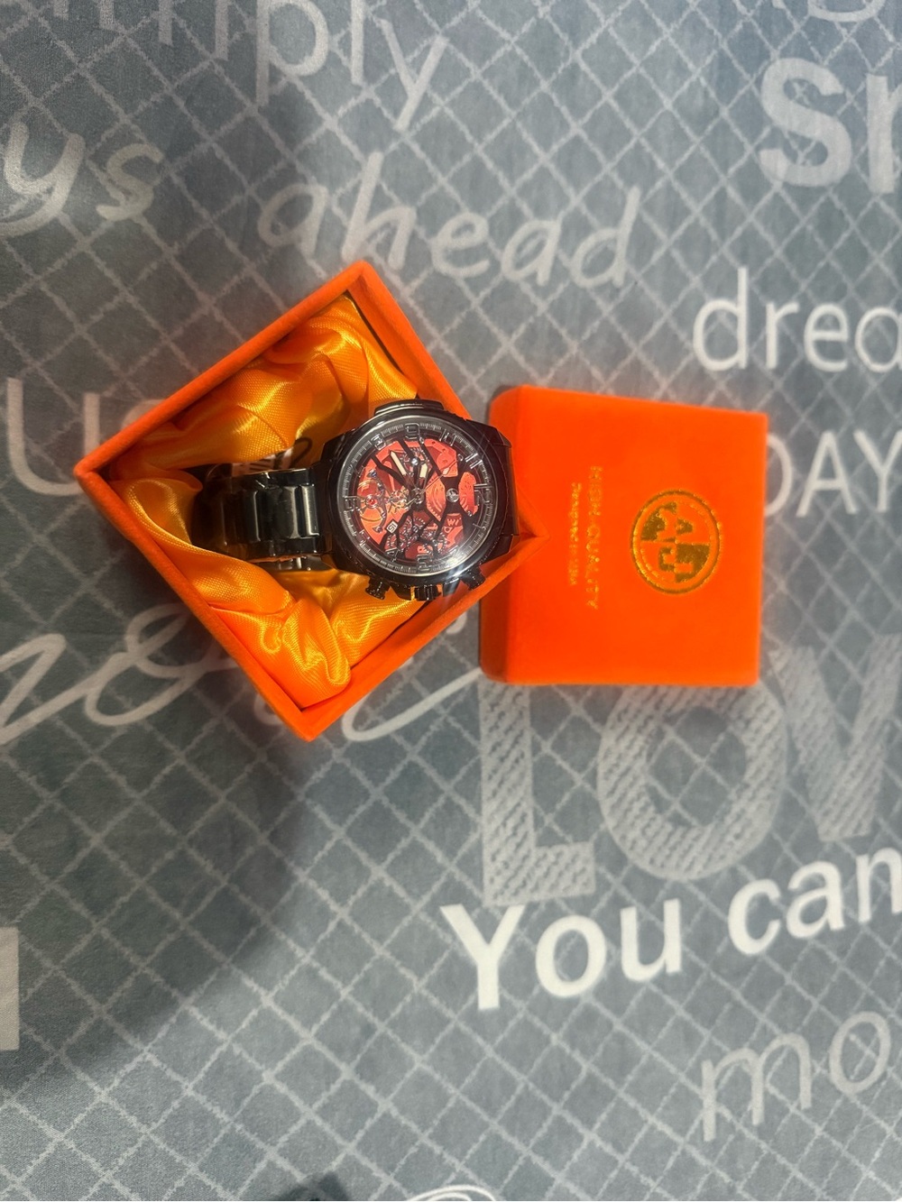 Men's Black Metal Bracelet Watch with Orange Dial